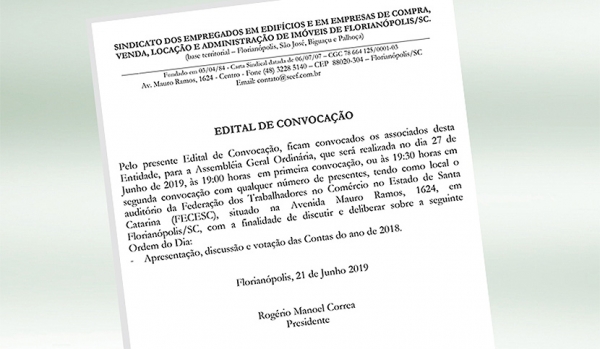 Assembleia Geral Ordinária será realizada dia 27/06