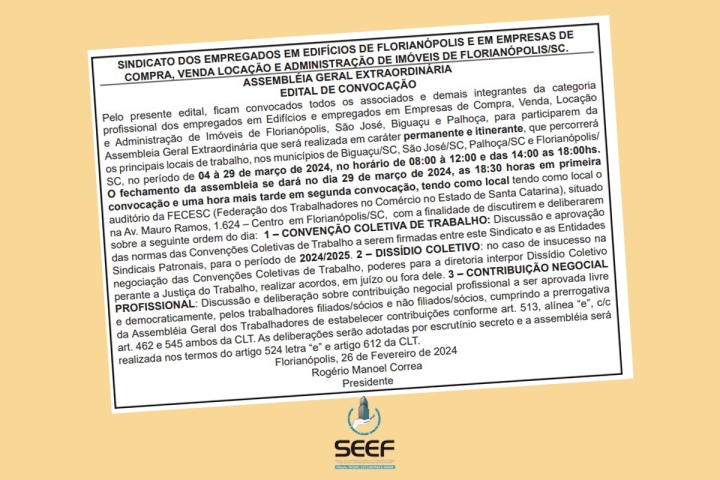 SEEF publica edital de convocação para assembleia geral