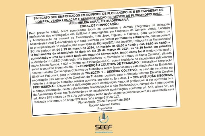 SEEF publica edital de convocação para assembleia geral